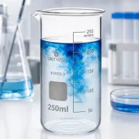 Zylindrisches Becherglas 250ml BORO3.3 mit Ausgießer und blaue Flüssigkeit im Inneren