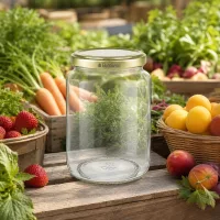 1000g BioSeal Honigglas umgeben von frischem Obst und Gemüse zeigt natürliche Frischhaltung und Aufbewahrung