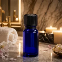 Hochwertige blaue 10ml Apothekerflasche mit Präzisionstropfer im goldenen Badezimmerambiente