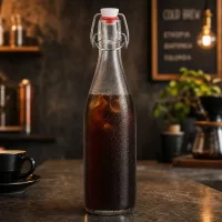 500ml Glasflasche mit Bügelverschluss befüllt mit Cold Brew Kaffee in rustikaler Café Atmosphäre