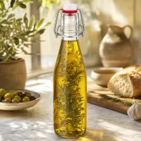 250ml Glasflasche mit Bügelverschluss gefüllt mit Kräuteröl, dekorative Küchenszenerie mit Oliven und Brot