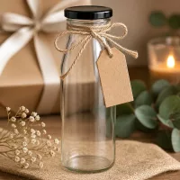 500ml Glasflasche mit schwarzem Deckel als Geschenk dekoriert mit Juteschnur und Geschenkanhänger rustikal
