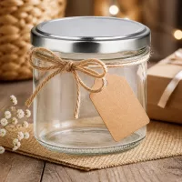 Transparentes UNiTWIST Einweckglas 125ml runde Form silberner Deckel Holztisch Bokeh-Hintergrund