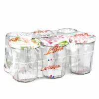Le Parfait Jam Sturzgläser 385ml im 6er Pack mit bunten Schraubdeckeln in Schrumpffolie verpackt