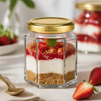 BioSeal 60g Honigglas mit Schichtdessert Erdbeer-Cheesecake gefüllt neben goldenen Löffel und frischen Erdbeeren