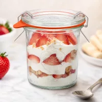 WECK Sturzglas 140ml RR60 mit Erdbeer-Sahne-Dessert gefüllt als Portionsglas mit frischen Erdbeeren und Kekskrümeln