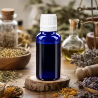 Lichtschutz-Tropfflasche 20ml Apothekerglas blau mit weißem Sicherheitsverschluss und Einsatz