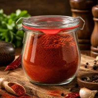 WECK Mini Tulpenglas 220ml Vorratsglas für Gewürze mit rotem Deckelrand auf rustikalem Holzuntergrund