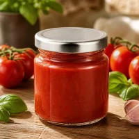 53ml Rundglas mit Silberdeckel gefüllt mit roter Tomatensauce neben frischem Gemüse UNiTWIST 48er-Set