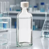 Transparente Meplat Flasche mit weißem Schraubdeckel und PE-Dichtung im Laborbereich